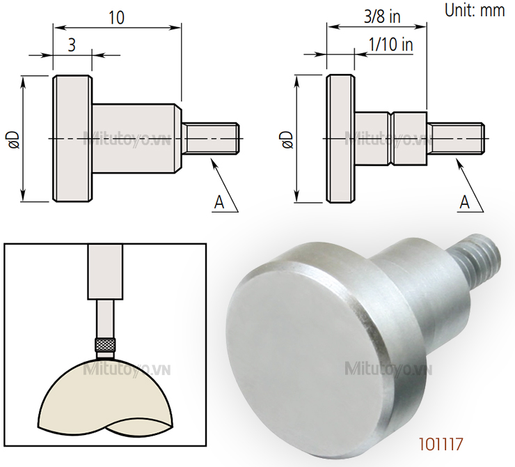 Đầu đo đồng hồ so Mitutoyo mặt tiếp xúc phẳng (Flat point)