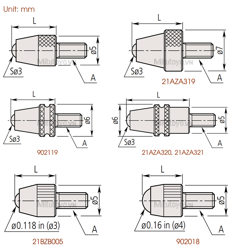 Đầu đo đồng hồ so Mitutoyo loại tiêu chuẩn