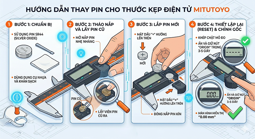 C&aacute;ch thay pin cho thước kẹp điện tử Mitutoyo