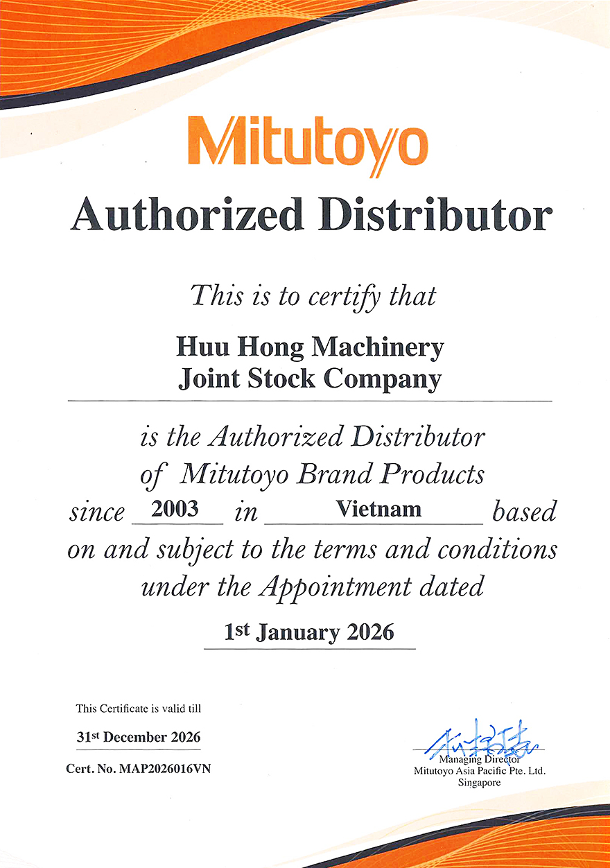  Giấy chứng nhận Hữu Hồng là nhà phân phối chính hãng Mitutoyo